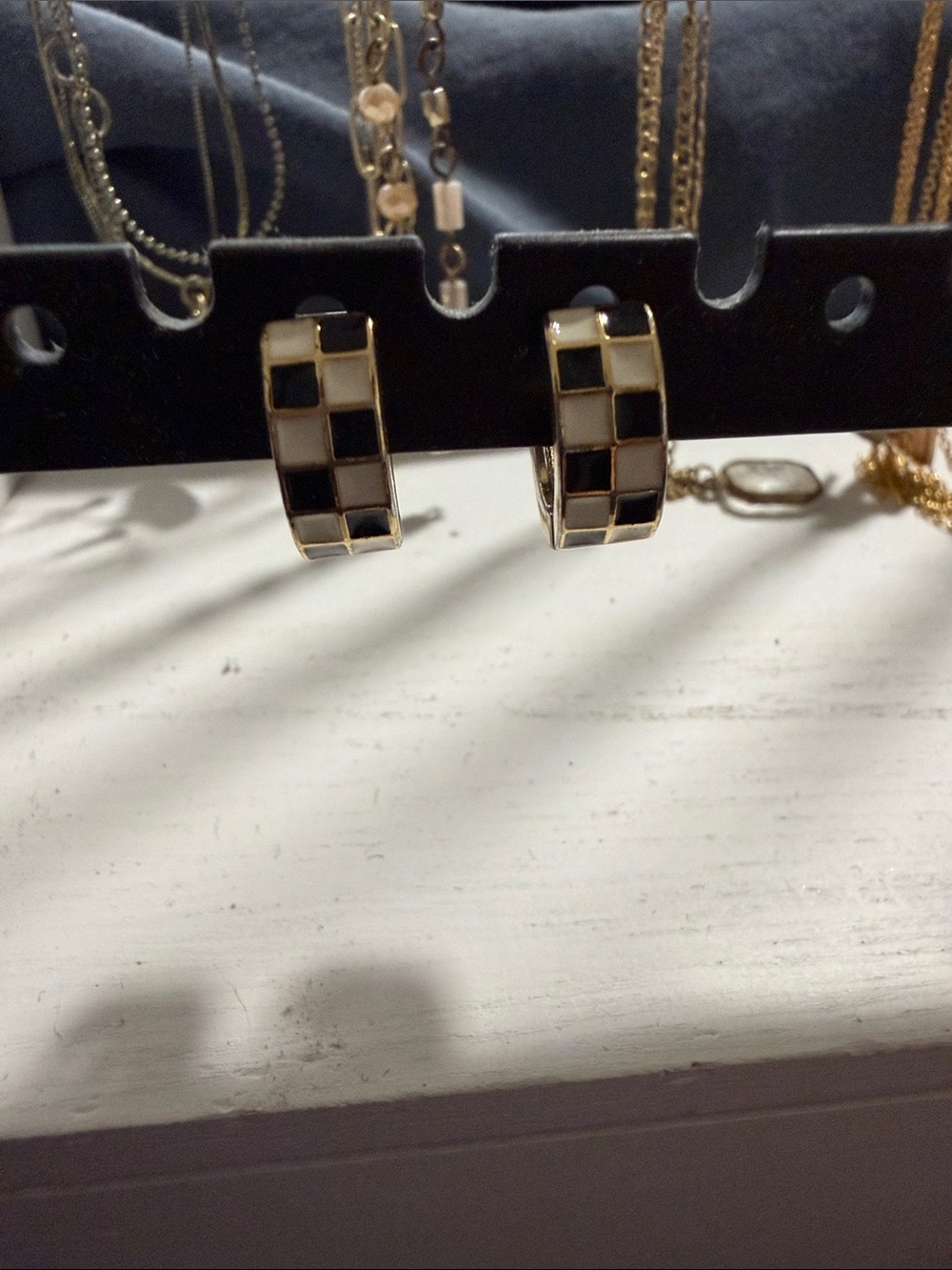 Gold Hoop Earrings with Black and White Checker Inlay